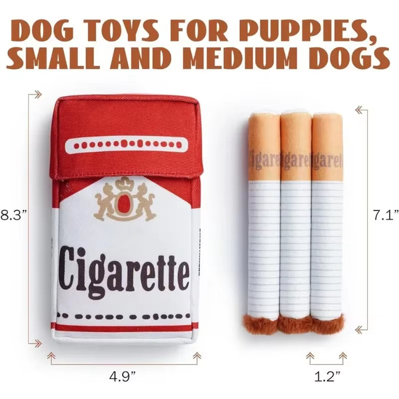 Dog toys shaped like cigarettes with packaging labeled 'Cigarette' on a white background.